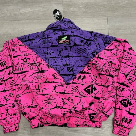 Vintage Gecko Hawaii Neon Pink Purple All Over Print Windbreaker Jacket - Picture 9 of 10